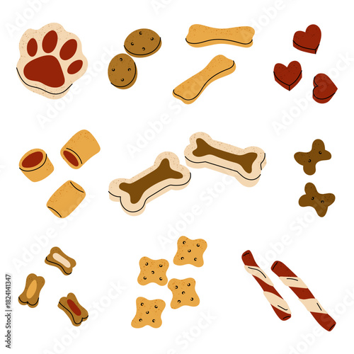 Dog or cat treats. Pet food. Set flat illustrations dogs and cats snacks on white background.