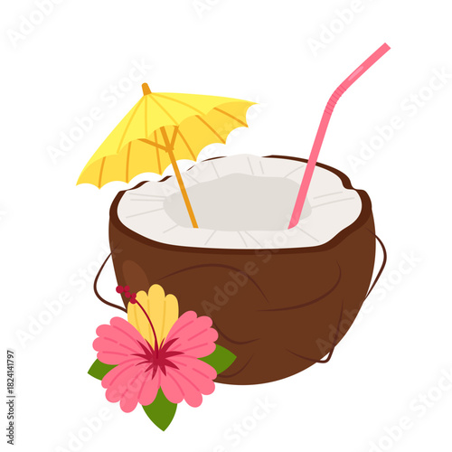 Exotic coconut cocktail. Tropical flower. Coconut drink with umbrella isolated on white.