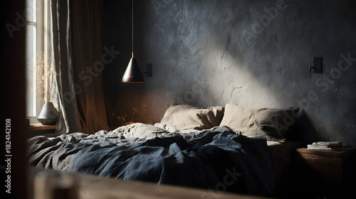 A bedroom interior scene showcases a bed with rumpled linen bedding. A pendant lamp hangs above, while sunlight streams through a window.