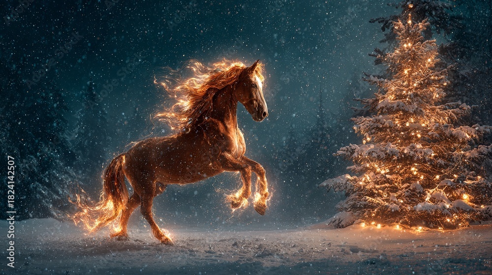 Naklejka premium A blazing, rearing horse with a radiant mane stands beside a festively decorated Christmas tree in a snowy winter landscape