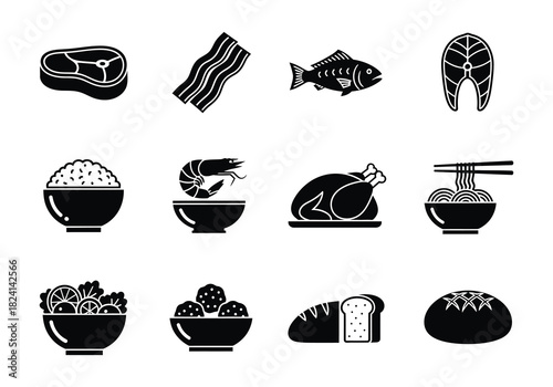 Set of black and white food and ingredient icon