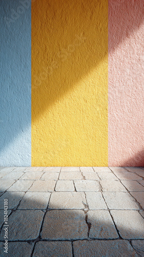 Textured pastel wall with yellow stripe and sunlit stone floor