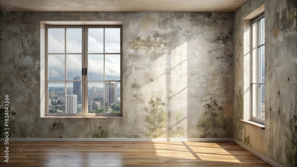 Fototapeta premium Empty Room with Damaged Walls and Windows Offering a City View