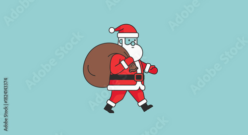 Cartoon santa claus walking with a big sack of gift