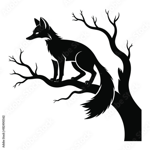Black silhouette of a cunning fox perched atop a bare, spooky tree branch, isolated on white background