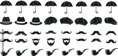 Mega Set of Black Vintage Gentleman Accessories Silhouettes Vector - Hats, Umbrella, Pipe, Mustache, and Beard Icons