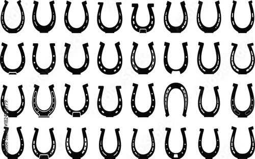 Mega Set of Black Horseshoe Silhouettes Vector Icons - Lucky Charm, Horse Shoe, Equestrian, and Farrier Symbol Collection