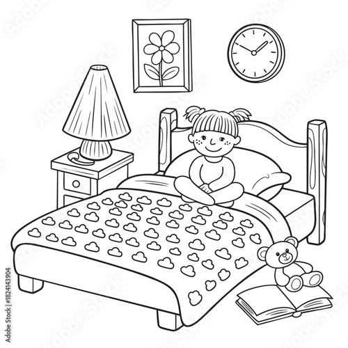 Cartoon girl sitting on a bed with a teddy bear and an open book, with a lamp and clock on the nightstand