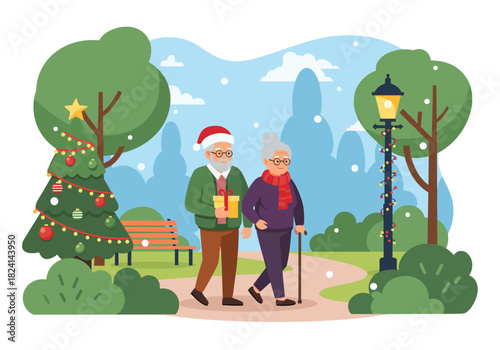 Elderly couple walking in the park with Christmas accessories and decorations by the festive tree