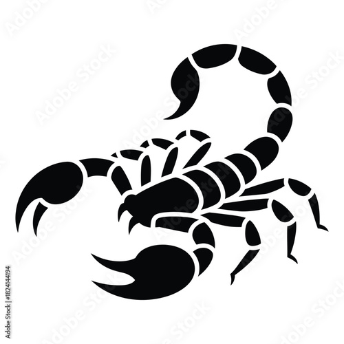 Black silhouette of a scorpion with a curved tail and large pincers, isolated on white background