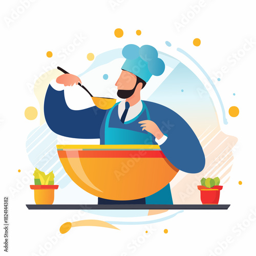 Woman Cooking with Fire in a Pan, Vector Illustration, Kitchen, Food, Cooking Concept