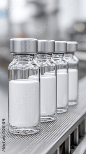 Glass vial with white liquid on production line