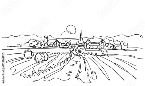 line sketch doodles harvest village fields