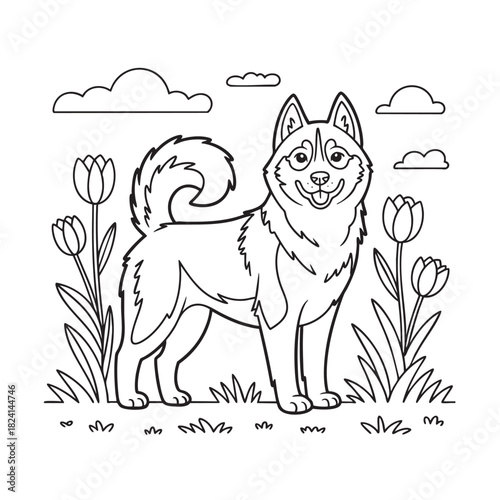 Cartoon husky dog standing in a field with tulips and clouds animal canine
