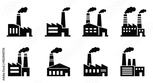Set of eight black factory building icons isolated on white