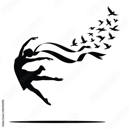 Silhouette of a graceful female dancer transforming into a flock of birds with flowing ribbons isolated on white background