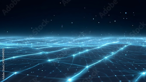 A futuristic abstract digital network grid featuring luminous blue lines and nodes representing data flow and global connectivity against a dark star like background