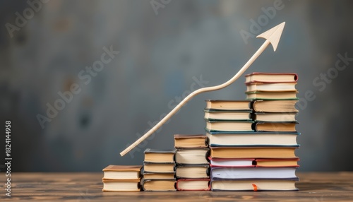 Stack of books forming an upward trend with an arrow, symbolizing growth and knowledge.