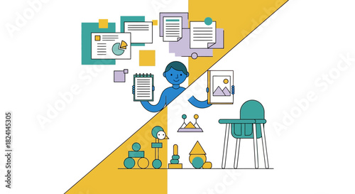 Work-Life Balance Illustration Showing Career and Family Duality