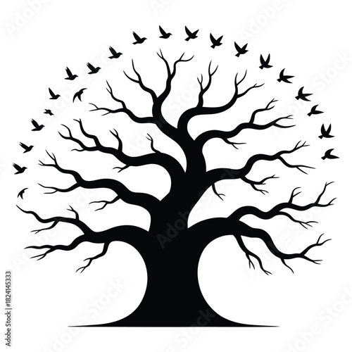 Silhouette of a large, mature oak tree with many spreading branches and a flock of birds flying away isolated on white background
