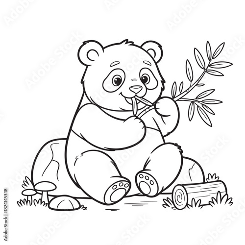 Cartoon panda bear sitting and eating bamboo with mushrooms and a log nearby animal wildlife