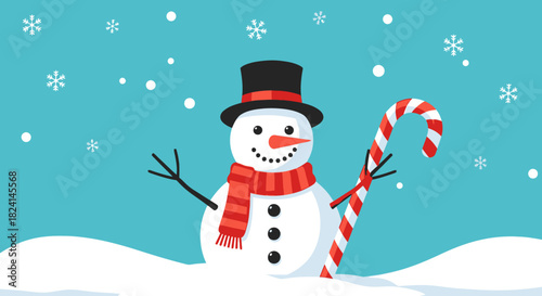 Cute cartoon snowman with candy cane standing in falling snow