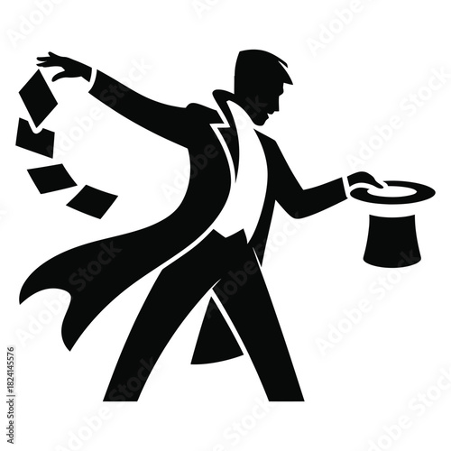 Silhouette of a magician performing a card trick, pulling playing cards from a top hat, isolated on white background
