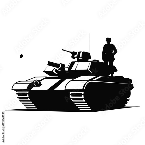 Silhouette of a military tank with a soldier standing on top, isolated on white background