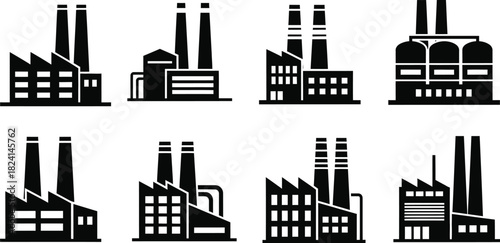 Set of eight black factory and industry building icon