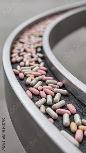Pink and beige capsules on curved conveyor belt conveying medicine