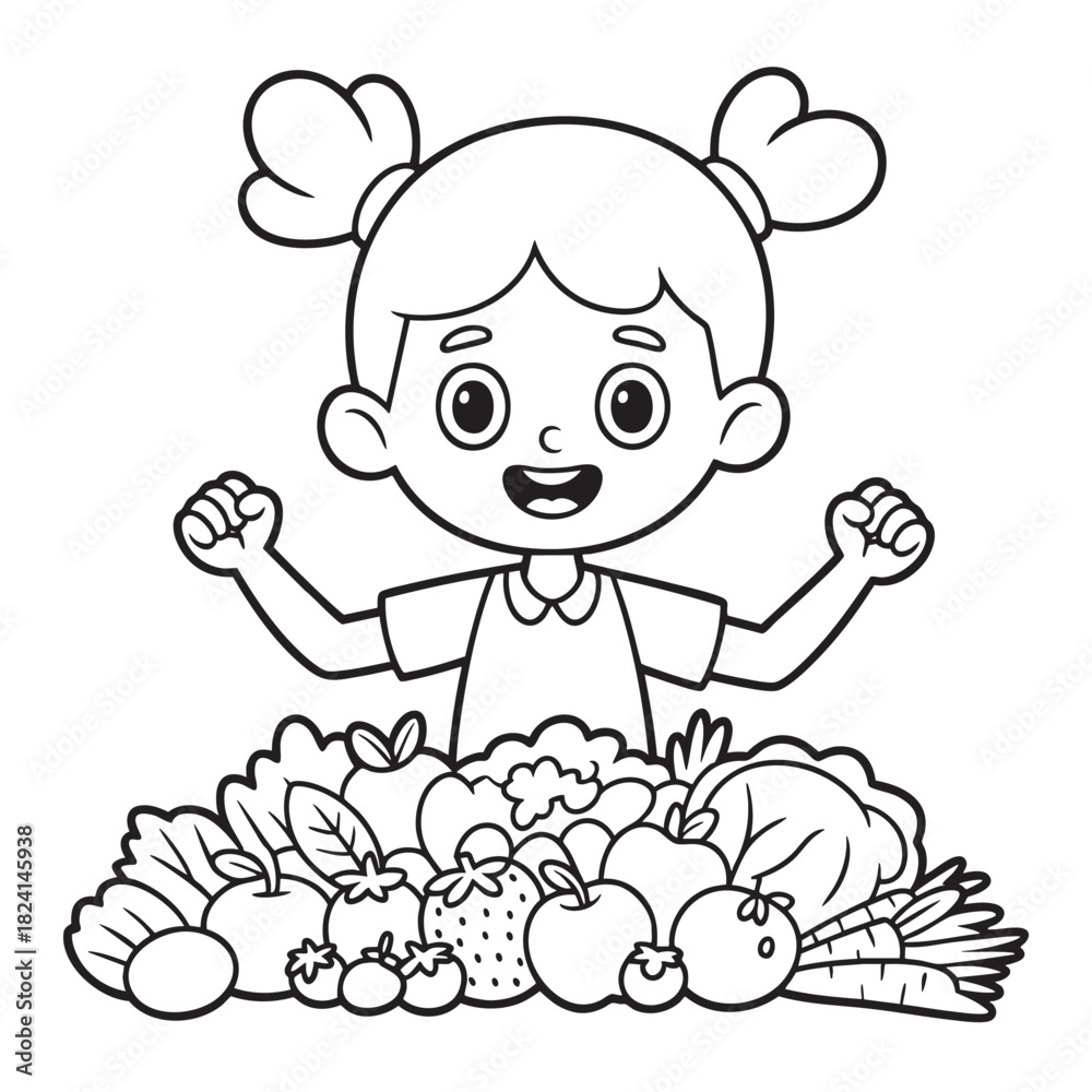 Fototapeta premium Cheerful cartoon child with pigtails showing off a large assortment of healthy foods girl happy