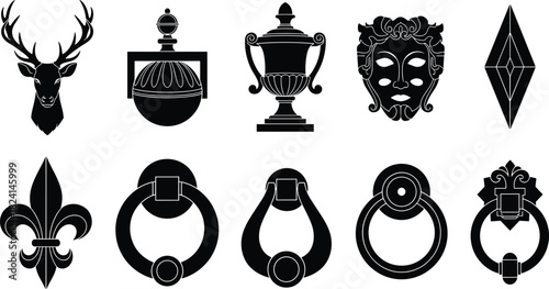 Set of Black Heraldic and Architectural Detail Silhouettes Vector - Door Knockers, Deer Head, Mask, and Fleur-de-lis Icons