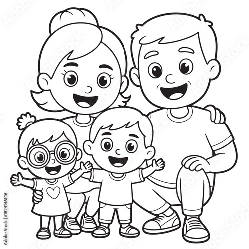 Cheerful cartoon family of four with parents and two kids embracing children