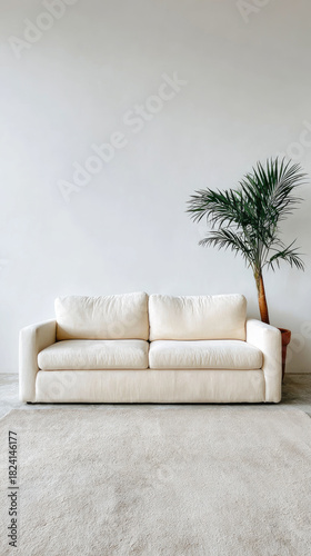 Cream sofa against minimalist wall with potted palm giving calm