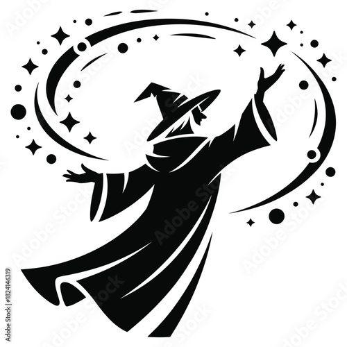 Silhouette of a wizard casting a spell with magic sparkles and stars swirling around his raised hands isolated on white background