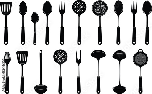 Set of Black Kitchen Utensils Silhouette Vector Icons - Cooking Tools, Ladles, Spoons, Forks, and Slotted Skimmer Collection