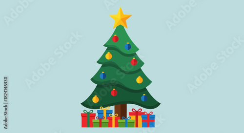Cartoon illustration of a decorated christmas tree with presents below