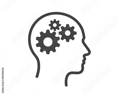 A head outline with three gears inside representing thought process and mechanical thinking concept image