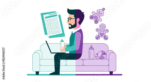 Father Working from Home Balancing Career and Childcare Duties