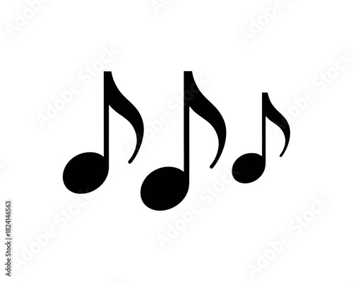 Three black musical eighth notes in a row on a white background representing musical notation and rhythm