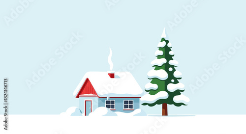 Cozy winter cabin with snowcovered evergreen tree illustration