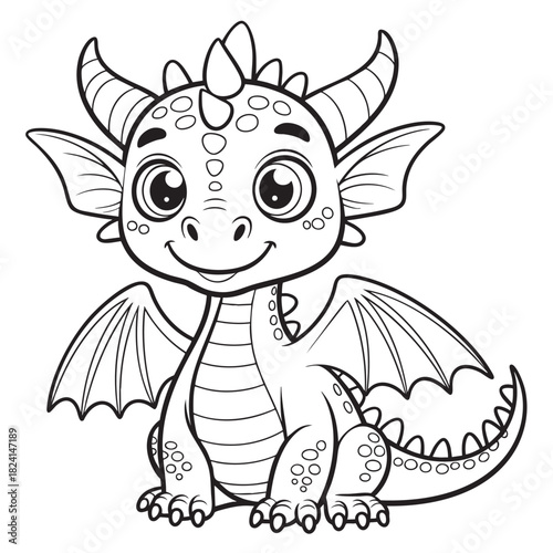 Cute cartoon baby dragon in black and white outline with wings and horns mythical creature