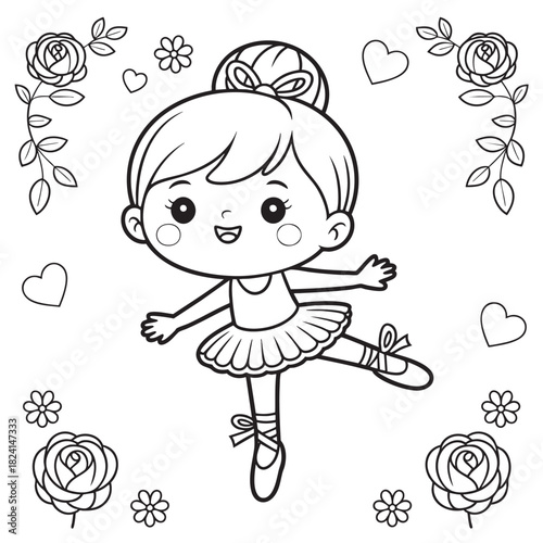 Cute cartoon ballerina in tutu and pointe shoes dancing surrounded by roses and hearts ballet