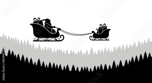 Silhouette of santa claus riding sleigh with gift over forest