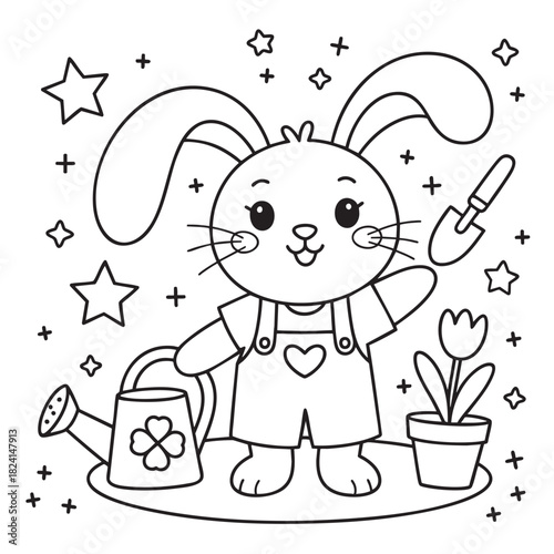 Cute cartoon bunny in overalls with gardening tools and a flower rabbit illustration