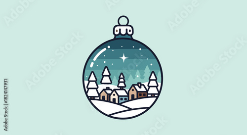 Cute winter village scene inside a christmas ornament illustration