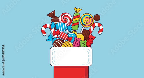 Pile of colorful christmas candy overflowing from a red stocking