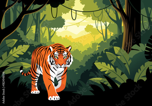 Tiger Striding Through a Lush Green Forest Illustration