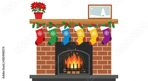Christmas fireplace with stockings hanging and fire burning isolated on