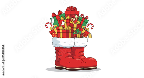 Illustration of santa claus boot overflowing with christmas gift box